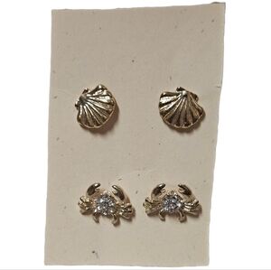 Gold Shell & Crab Stud Earring Set – Coastal Beach Theme